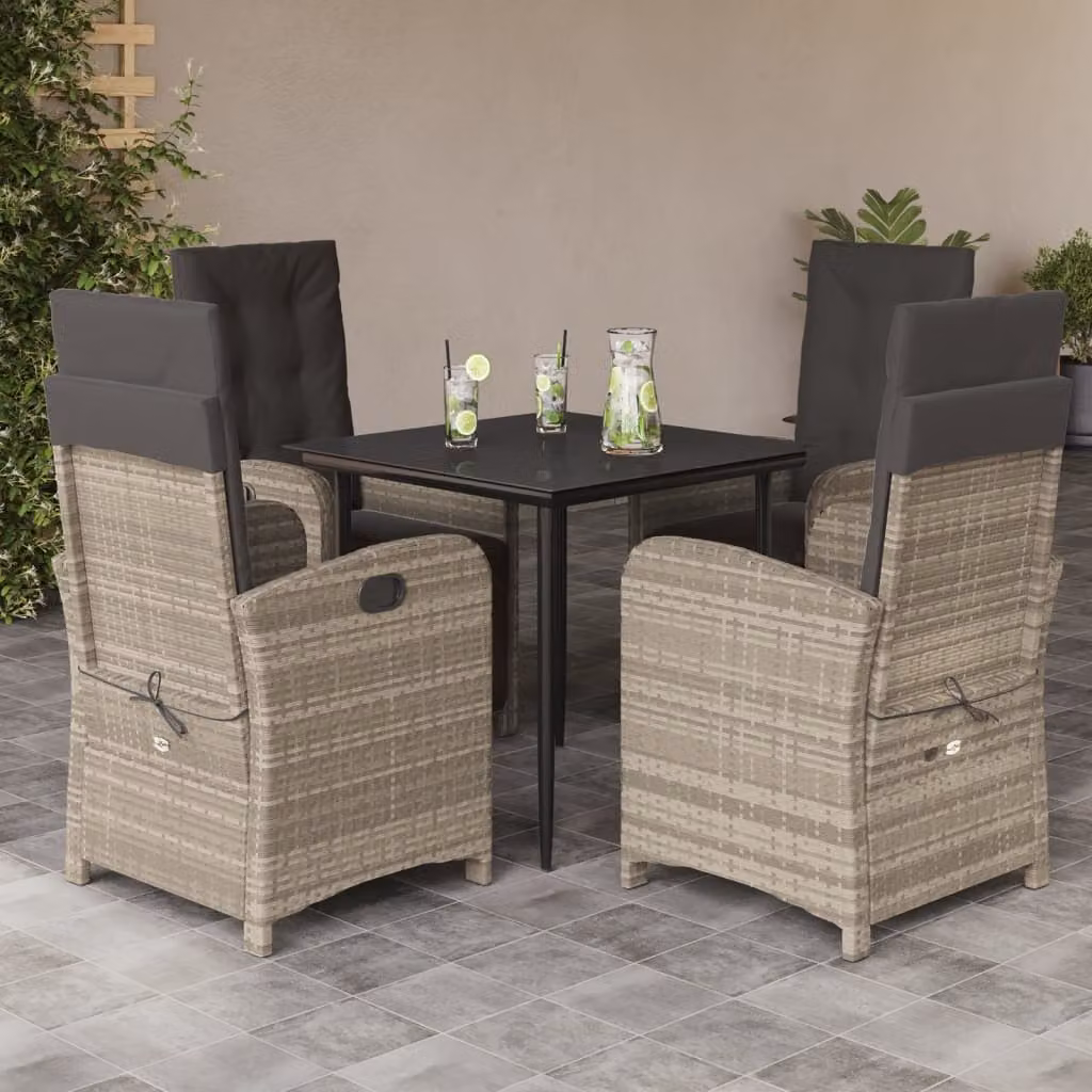 Set Pranzo da Giardino vidaXL in Polyrattan con Cuscini e Tavolo in Vetro, 5 Pezzi, Grigio Antracite – 1