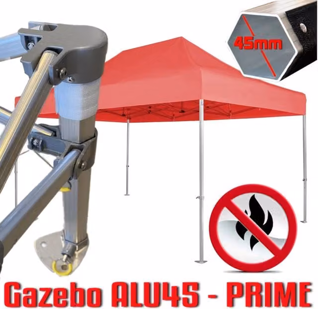 Gazebo 3x4,5 m rosso certificato IGNIFUGO SENZA laterali pieghevole alluminio piantone esagonale 45mm portatile estendibile richiudibile estensibile acciaio per fiere eventi stand chiosco tenda tendone mercato mercatino