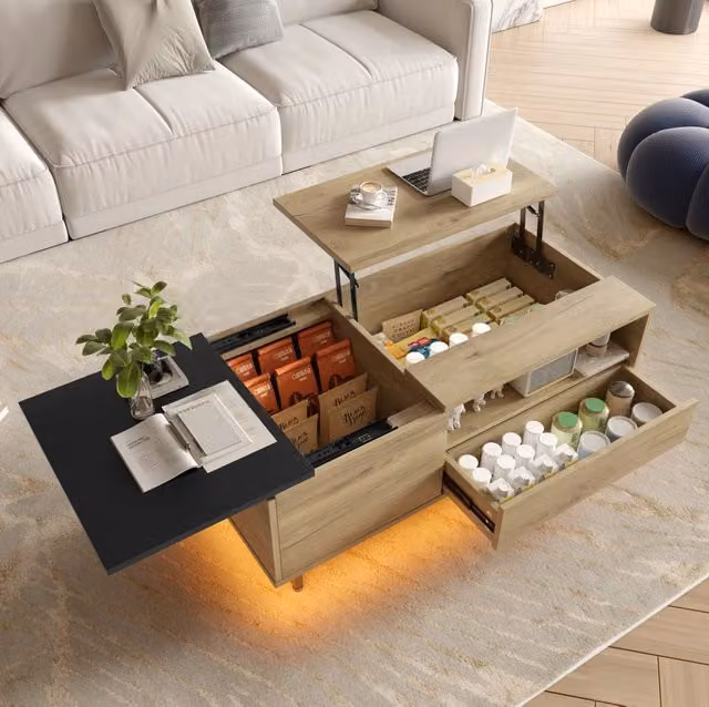 Tavolino da salotto elevabile MODFU con LED, cassetto e vani portaoggetti, L/P/H: 103,5 x 50 x 27,5 cm, colore naturale