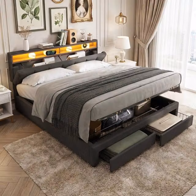 Letto Matrimoniale 180x200 cm con Contenitore e 2 Cassetti; Letto Matrimoniale Imbottito con Luci LED; Testiera in Lino Grigio; Senza Materasso