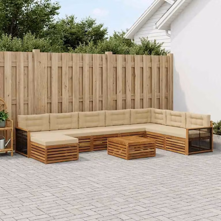 Set di divani da esterno vidaXL 9 pezzi in legno di acacia con tavolino e pouf, colore beige e marrone naturale
