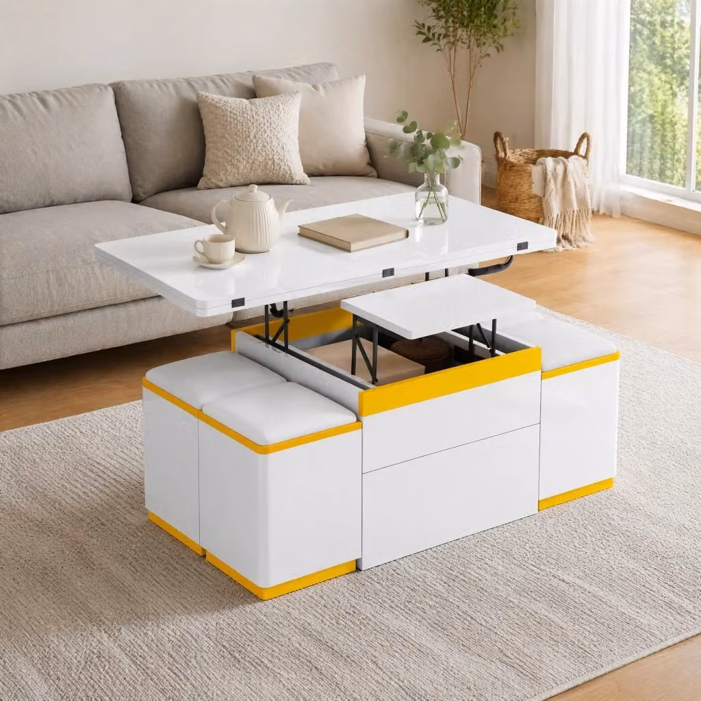 Set Tavolino da Caffè Rialzabile REDOM con 4 Sgabelli, Design Moderno, Bianco e Giallo, L: 100 cm, P: 50 cm, H: 43 cm – 2