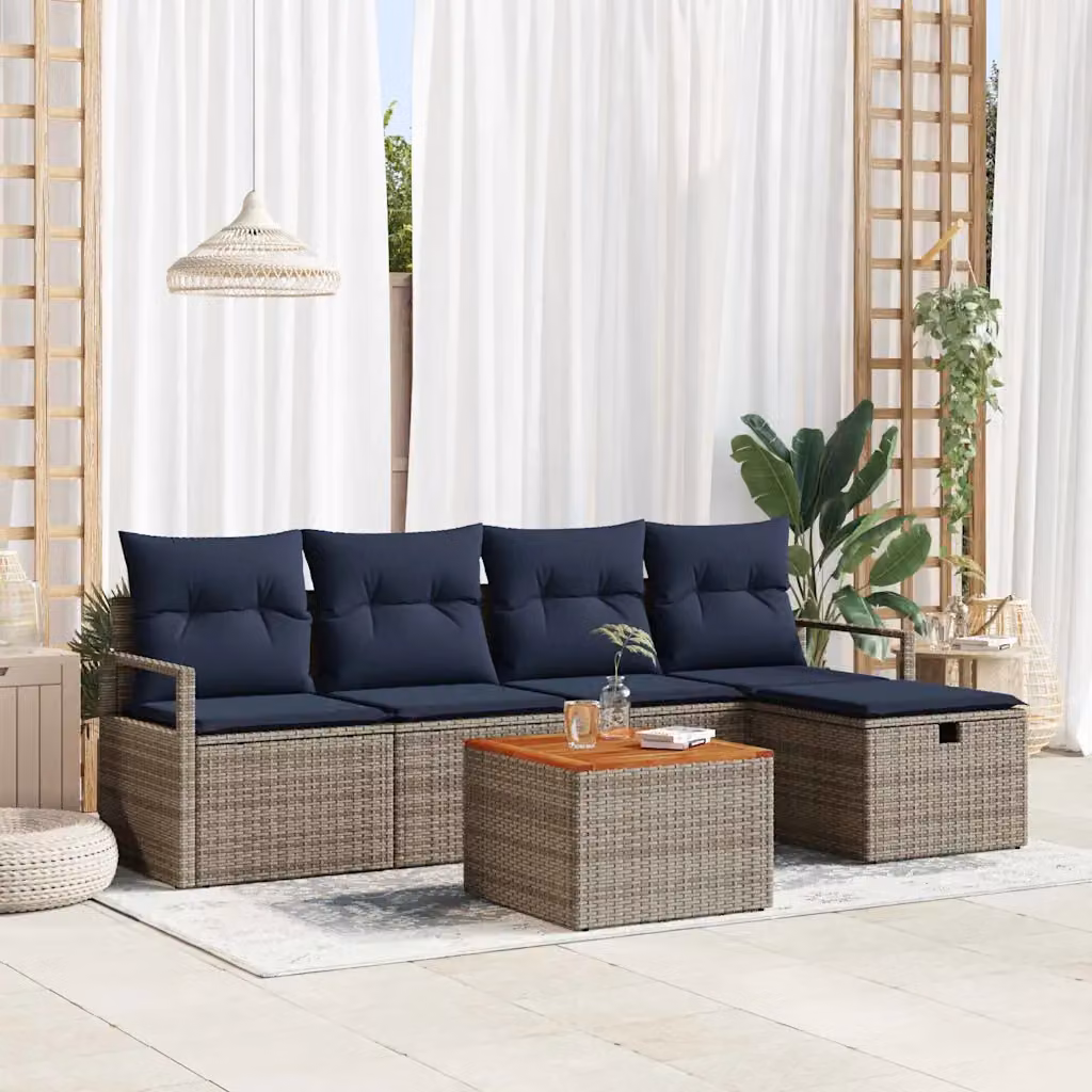 Set Divano da Giardino vidaXL 6 pz a Forma a L con Tavolino e Pouf, Colore Grigio e Blu, Struttura in Metallo e Polyrattan con Cuscini Inclusi