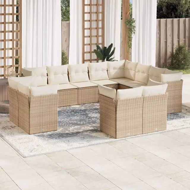 Set di divani da giardino VIDAXL a forma di U in polyrattan con cuscini beige, 12 posti