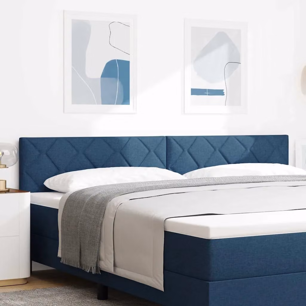 Testiera per letto moderna vidaXL in tessuto blu con pannello imbottito e struttura in legno di pino L: 200 cm, H: 88 cm, P: 11 cm