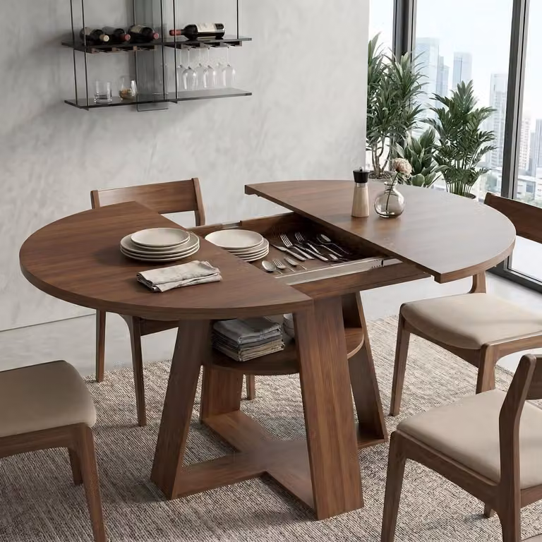 Tavolo da pranzo allungabile, legno, forma ovale, 100-140 cm, finitura noce, piano in MDF, ripiano metallico, per 2-8 persone