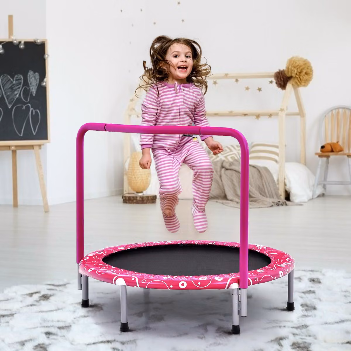 Costway Mini Trampolino per Bambini con Copertura di Sicurezza e Maniglia, Tappeto Elastico Pieghevole Rosa, L/P/H: 92 x 92 x 80,5 cm