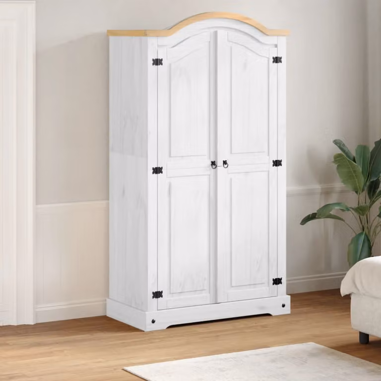 Armadio Corona vidaXL in legno massello di pino bianco con ante a battente, L: 102 cm, P: 52 cm, H: 186 cm