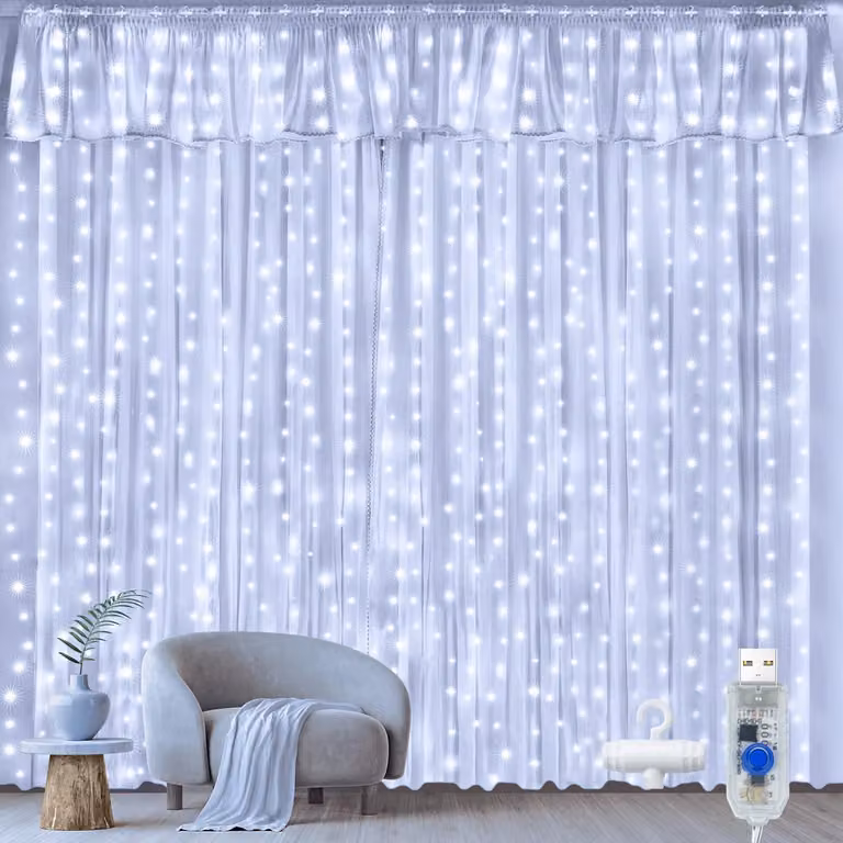 Tenda luminosa a LED, 300 luci, alimentazione USB, filo di rame, colore bianco