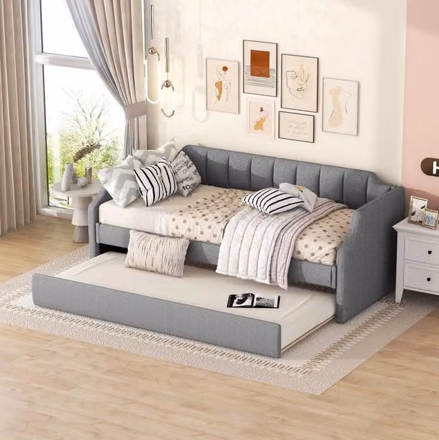 Letto singolo imbottito con letto estraibile 90x200 cm / 90x190 cm; grigio