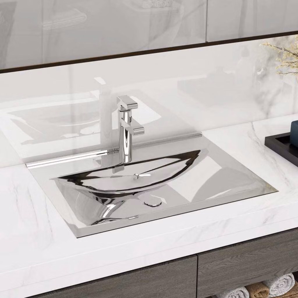 The Living Store Lavabo con troppopieno 60x46x16 cm in Vetroceramica argento