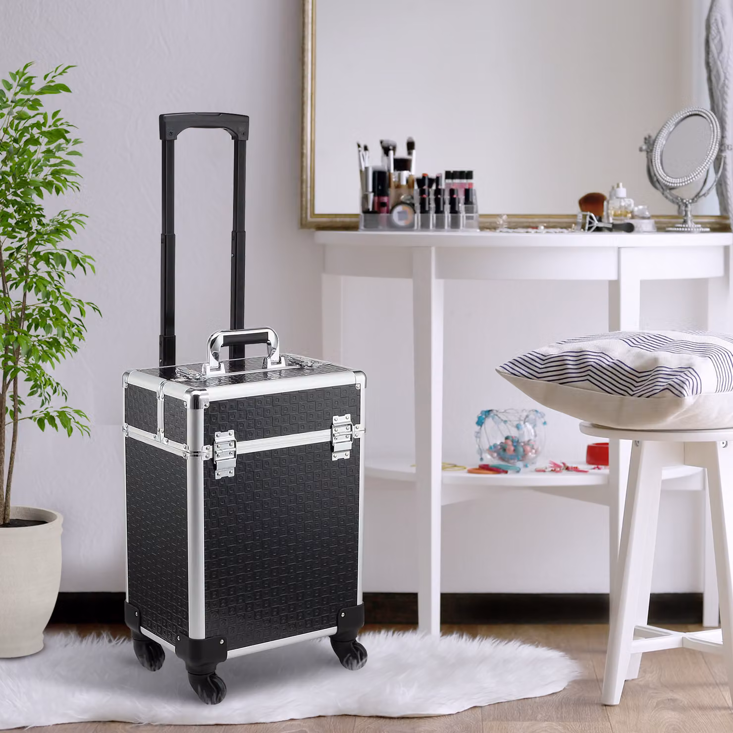 Valigia da Trucco Professionale HOMCOM con Ruote, Manico e 2 Vassoi con Scomparto Inferiore, Nero – 2
