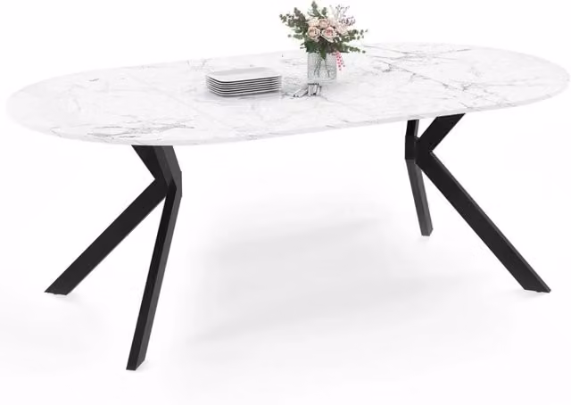 IDMarket - ALIX tavolo da pranzo rotondo allungabile 4-10 persone gamba a ragno nera piano effetto marmo bianco ALASKA 110 - 200 cm
