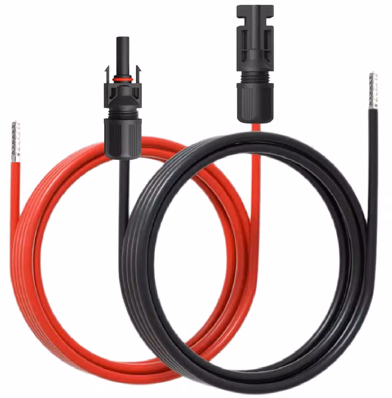 Cavo solare di collegamento 4 mm² e 6 mm² con connettore da 1500 V per regolatore di carica. Kit cavi solari: 19%; lunghezza cavi solari: 2 x 50 m, 6 mm²