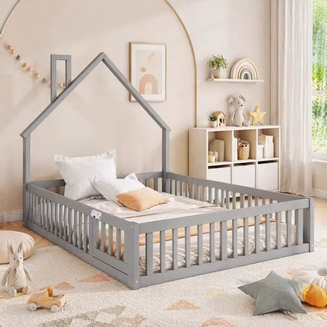 Letto per bambini a forma di camino con sponde di sicurezza e rete a doghe 140x190 cm; grigio