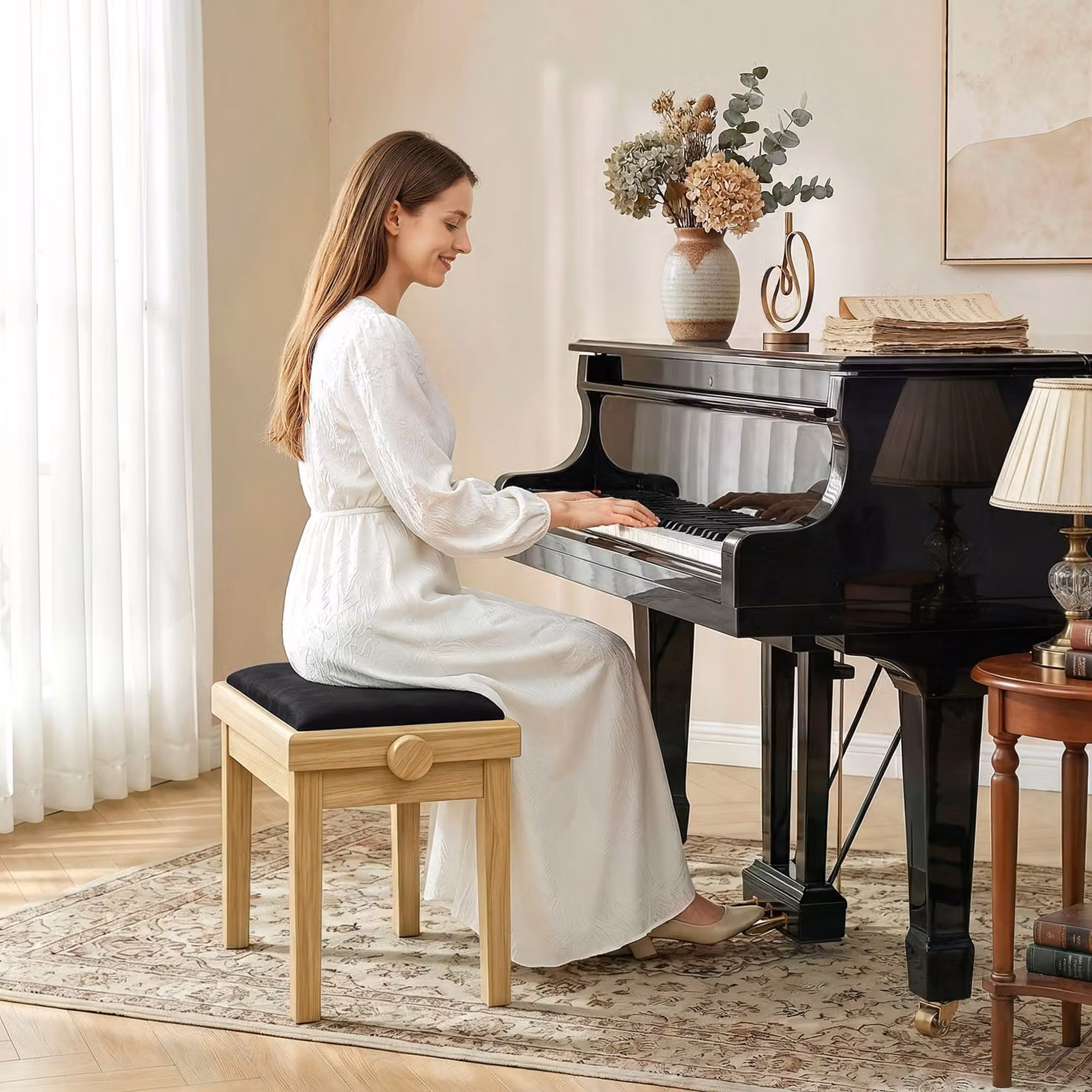 Panca per pianoforte HOMCOM regolabile in legno con seduta in velluto disponibile in nero o marrone – 2