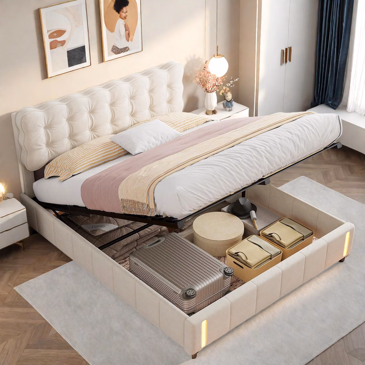 Letto imbottito INONEFT, 140x190 cm, con spazio contenitore e illuminazione LED, letto a molle con rete a doghe, letto per ragazzi, contenitore, velluto, beige