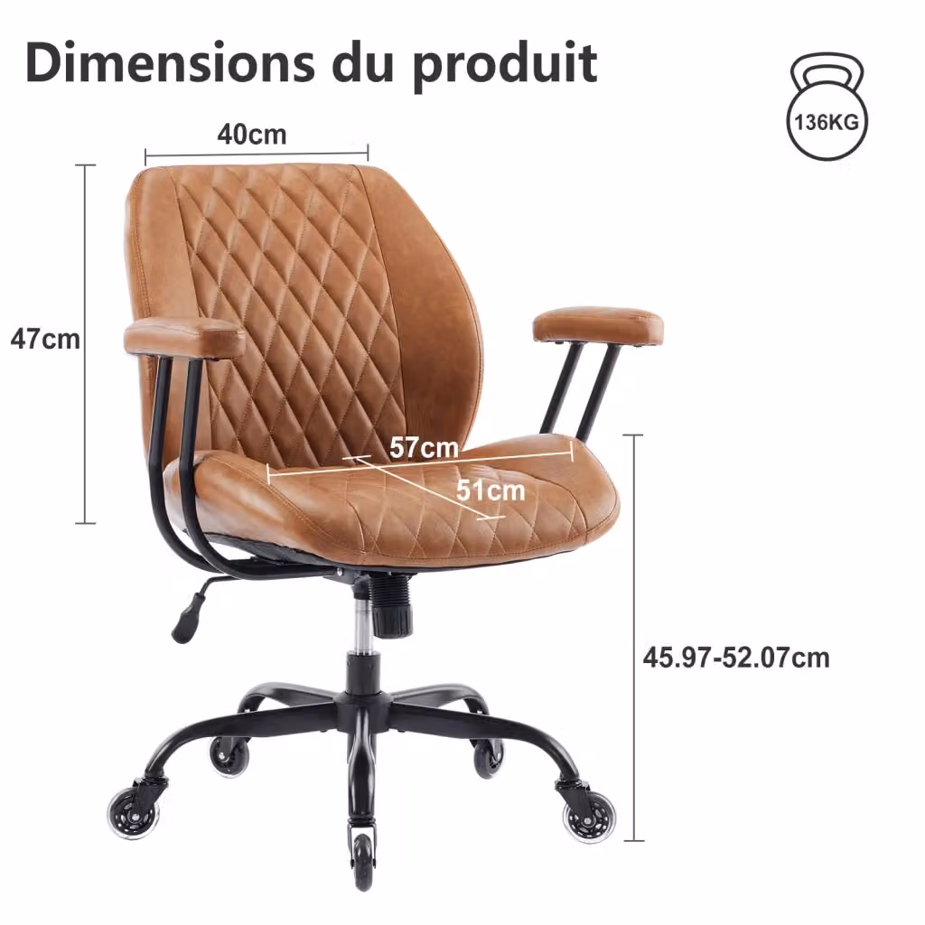 Sedia da ufficio ergonomica Minimal in similpelle marrone con braccioli e ruote – 2