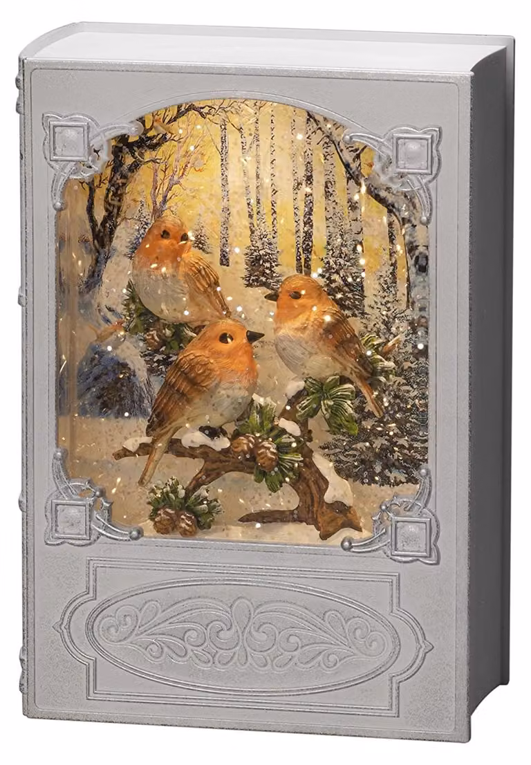 Lanterne a LED a forma di libro, con decorazione di pettirosso, colore bianco, con timer, dotata di 1 LED bianco caldo