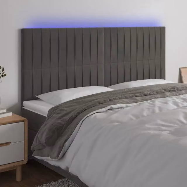Testiera con LED Design Mania in Velluto Grigio con Porte USB L/P/H: 180 x 5 x 118/128 cm