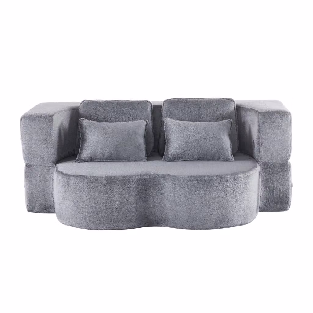 Divano letto futon pieghevole Chicfurn in tessuto soffice blu grigio con schiuma ad alta densità e 4 cuscini – 2