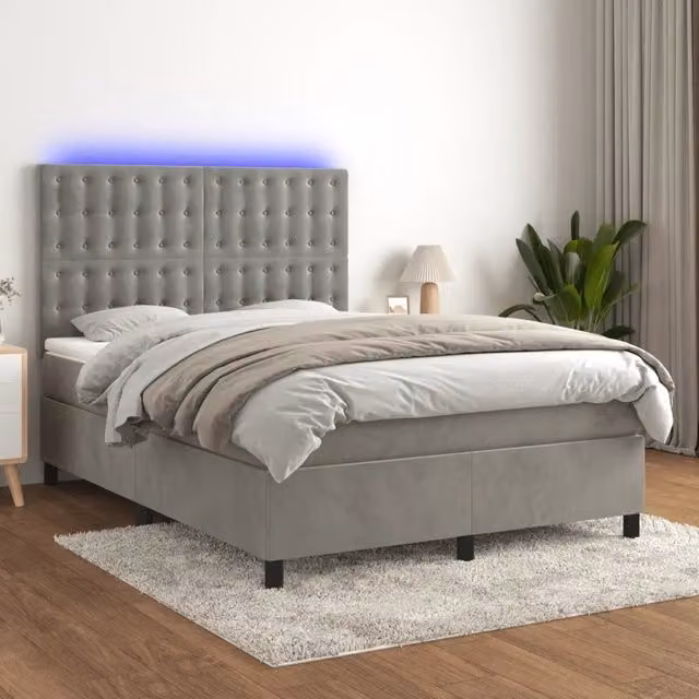 Letto Ibrido con Materasso e Illuminazione LED vidaXL in Velluto Grigio L/P: 140 x 190 cm – 1