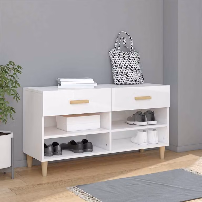 Scarpiera moderna vidaXL Bianco Lucido in legno con ante e ripiani, L 102 x P 35 x H 55 cm