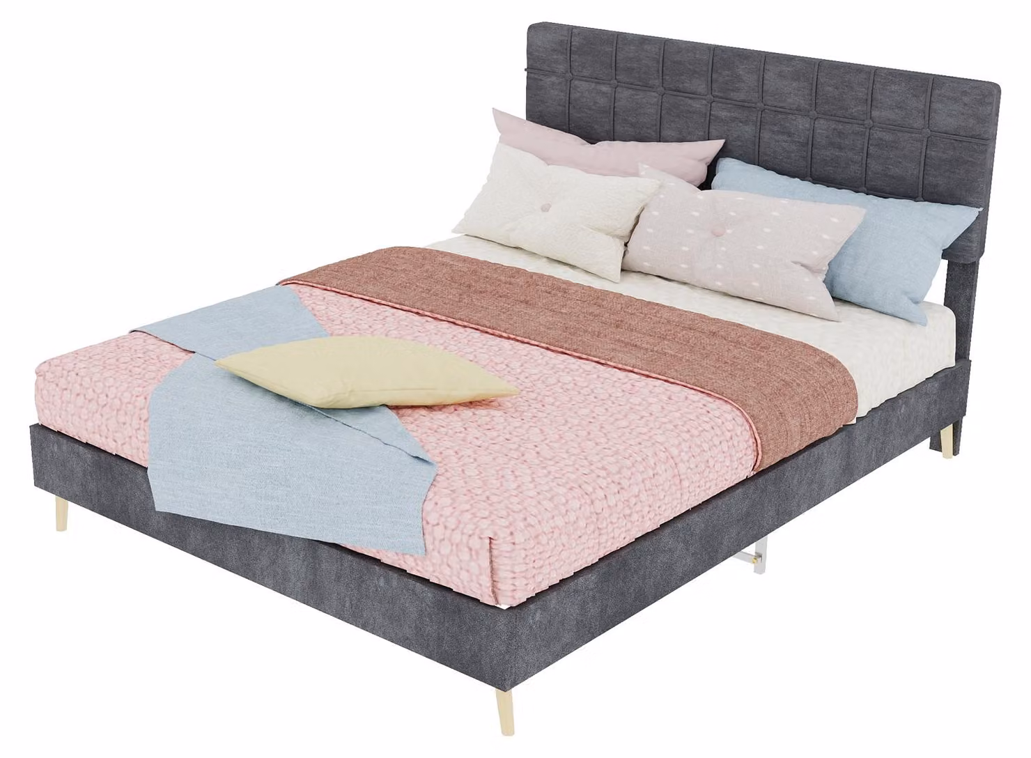 Letto imbottito 140x200 cm, color grigio scuro, con struttura in tessuto, testiera a motivi a quadri, struttura in legno e gambe in legno, ideale per la camera da letto