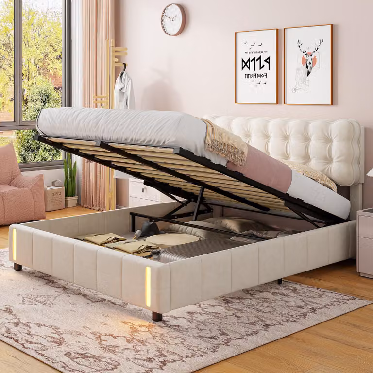 Letto imbottito in velluto ProximaX 140x190 cm in beige con contenitore, illuminazione a LED nella parte inferiore, funzione di molle a pressione a gas - letto matrimoniale dal design elegante con pratico contenitore