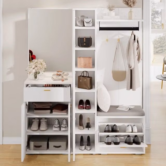 Set di mobili da ingresso con specchio; appendiabiti; 3 ante e scarpiera a ribalta bianco 150 × 36 × 180 cm