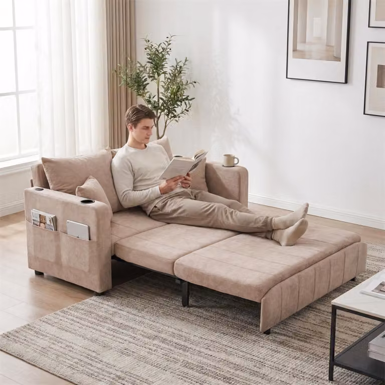 LVHOM divano letto con schienale regolabile in 3 posizioni e USB, divano letto estraibile, 2 posti con portabicchieri Salvaspazio 139x73x83cm, Khaki