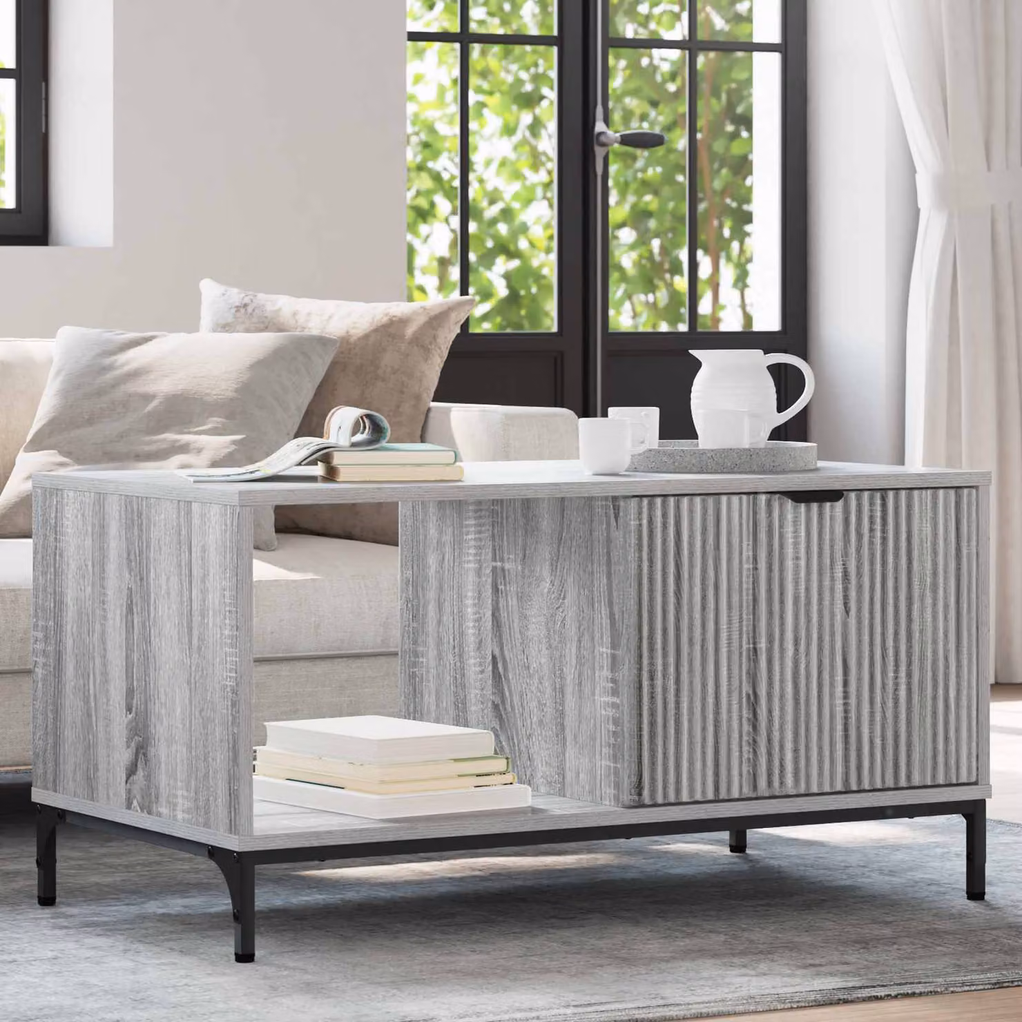vidaXL Tavolino da salotto rettangolare in MDF e metallo Grigio, L: 90 cm, P: 49 cm, H: 46 cm