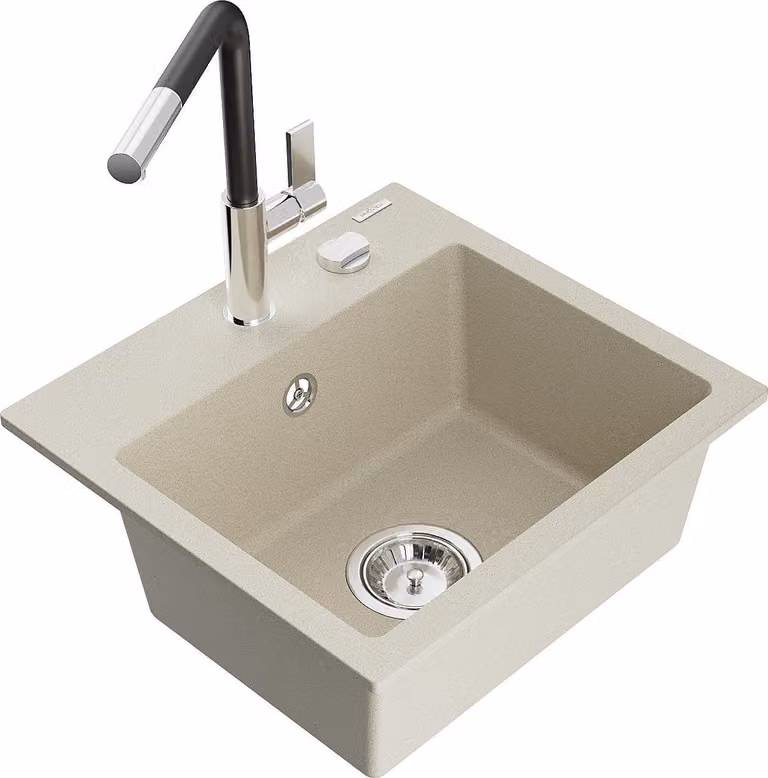 Mexen Milo lavello in granito a 1 vasca con rubinetto da cucina Flora, beige - 6505-69-670401-07