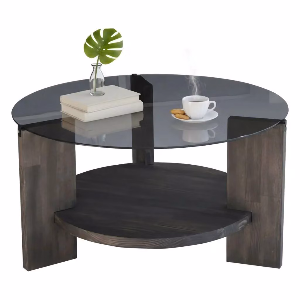 Tavolino da salotto rotondo DMORA Felino con portariviste in vetro e legno, Nero Antracite e Trasparente, L: 75 cm, P: 75 cm, H: 40 cm – 2