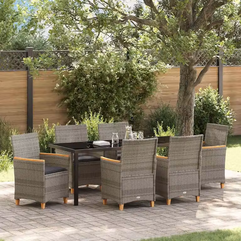 Set da pranzo per giardino e terrazza vidaXL in polyrattan grigio con tavolo in vetro, 7 pezzi