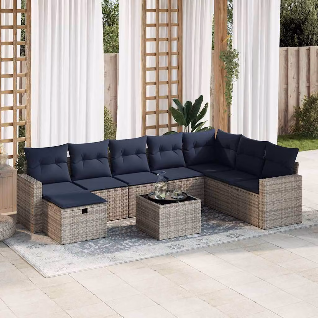 Set Divano da Giardino L-Shape vidaXL 9 pz in Polyrattan Grigio con Cuscini e Tavolino