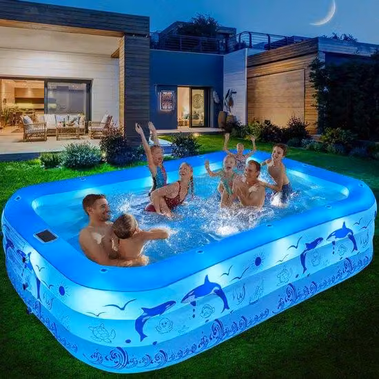 Piscina gonfiabile per famiglie Unyqoos® 240×150×55 cm – realizzata in PVC da 0,43 mm, adatta fino a 5 adulti, con luci LED solari con 12 modalità e 8 ore di autonomia, 3 camere d'aria, facile e veloce da montare