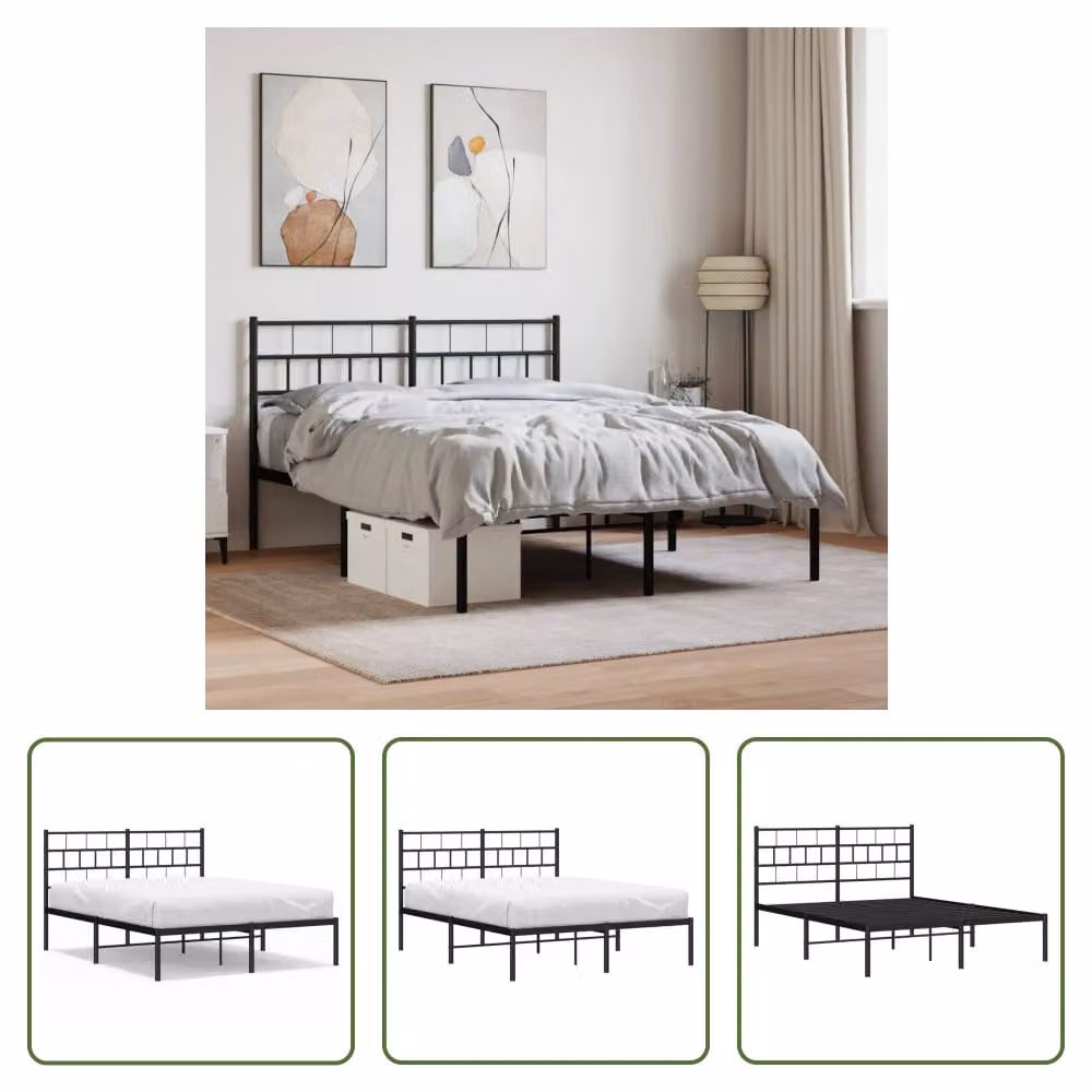 The Living Store Struttura letto con testiera in metallo nero 150x200 cm