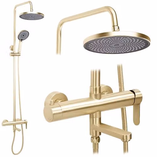 Rea - Set Doccia Arcos - Acciaio Inossidabile, Ottone, Abs - Oro Spazzolato - 15 x 15 x 134 cm