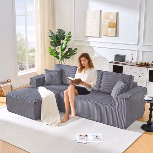 Divano Angolare 2 Posti con Chaise Longue ¨C MINIMAL ¨C Tessuto a Coste, Grigio, Morbido