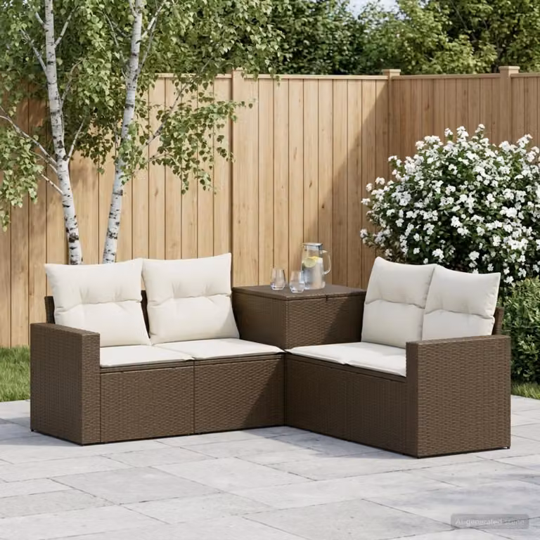 Set di divani da giardino vidaXL in polyrattan marrone e bianco con cuscini inclusi e struttura in metallo