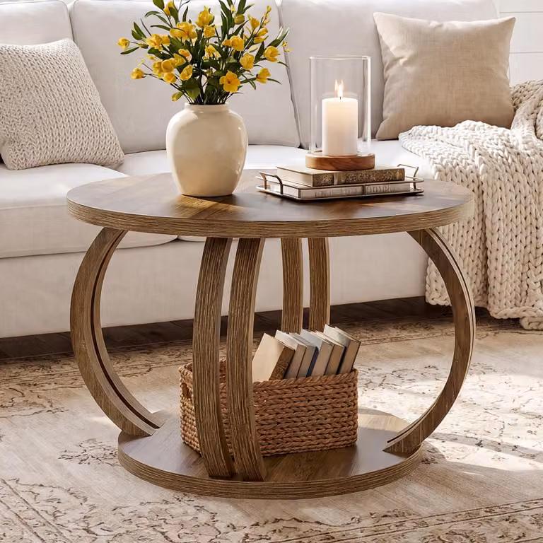 Tavolino da caffè rotondo da 80 cm con spazio contenitivo, base sagomata e scultorea, 2 ripiani, tavolino per il soggiorno, bordi arrotondati, tavolino da divano