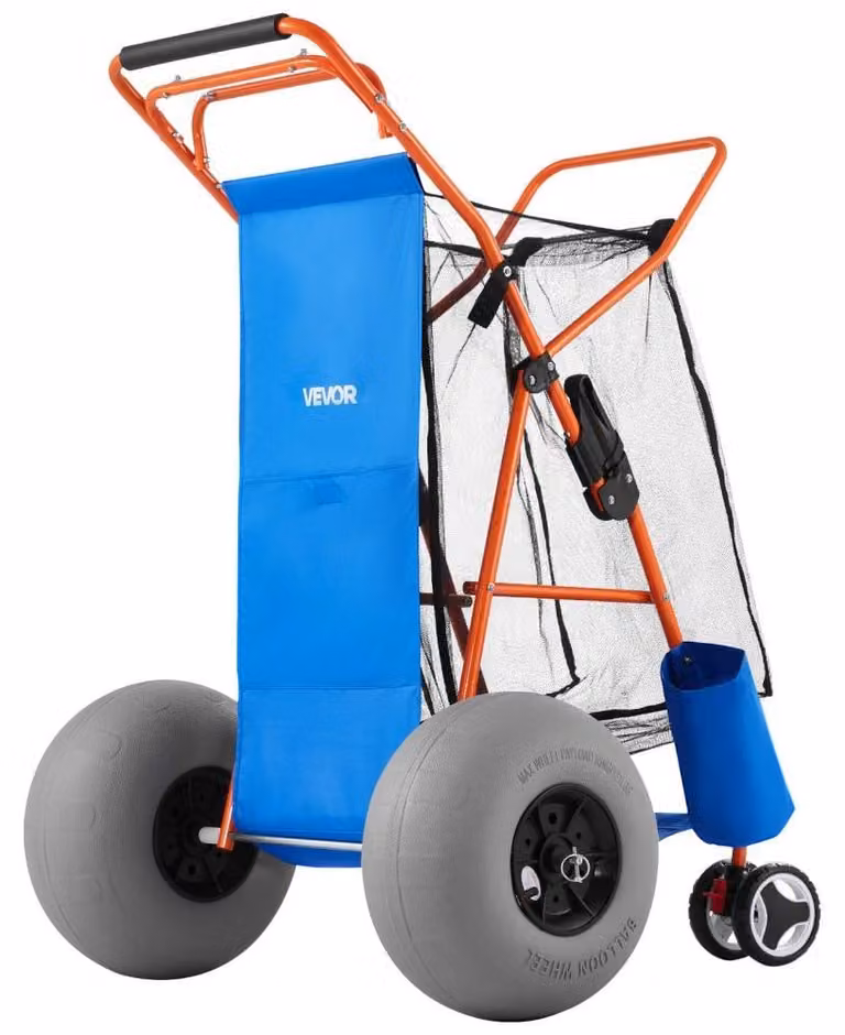 Carrello pieghevole per la spiaggia - Arancione con sacca portaoggetti blu - Capacità di carico: 75 kg