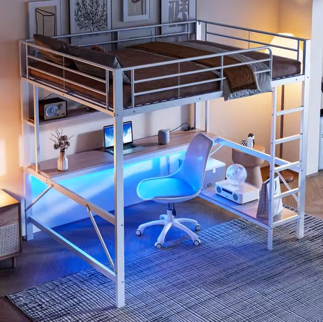 Letto a soppalco 140x200 cm con LED; scala e scrivania in metallo e MDF bianco