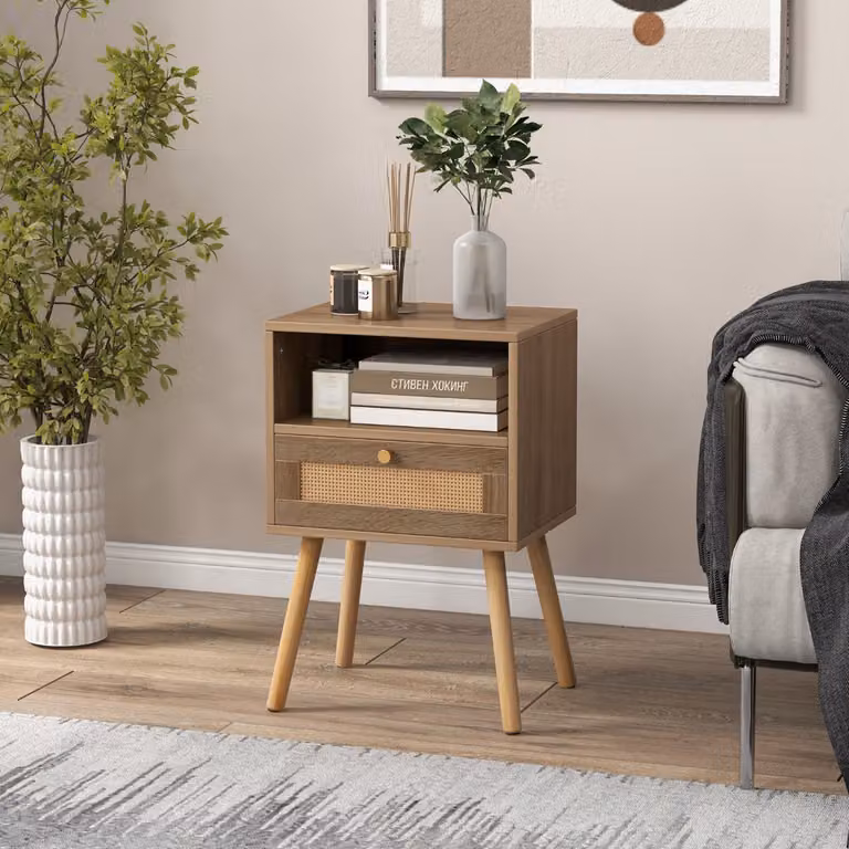 Comodino Costway in legno e rattan con cassetto in stile boho, colore marrone naturale per camera da letto o soggiorno
