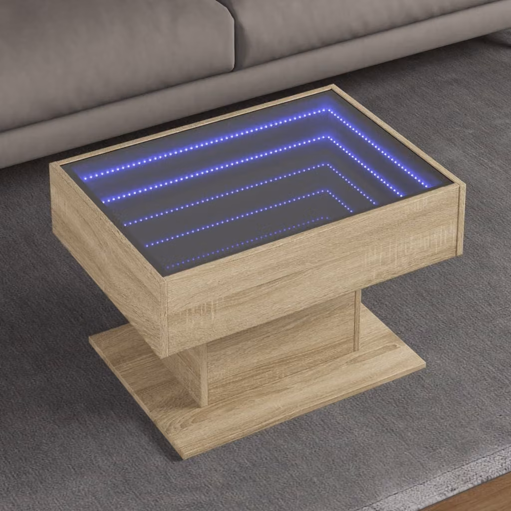 Tavolino da salotto moderno vidaXL in legno color rovere con illuminazione LED, L 70 cm x P 50 cm x H 45 cm