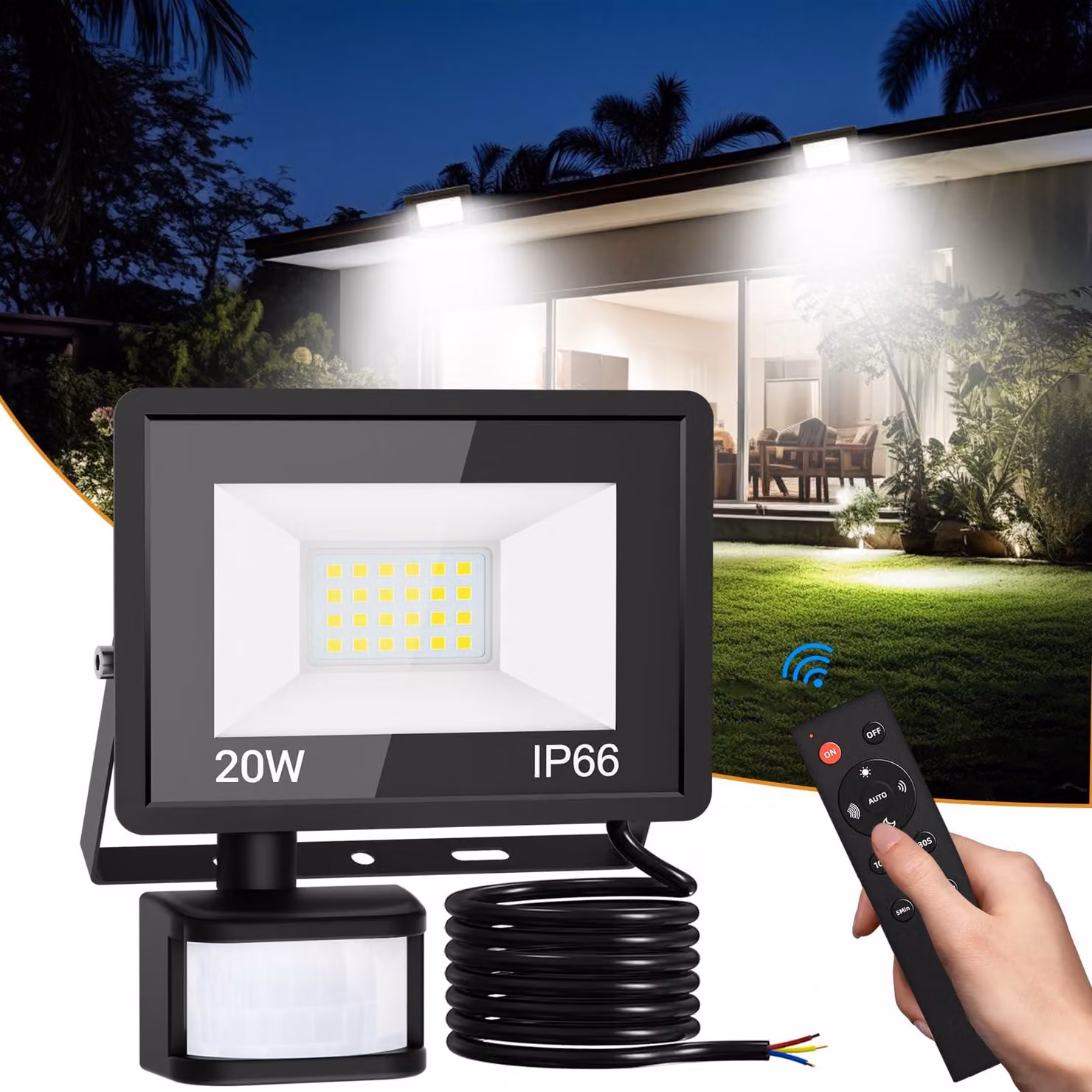 Faretto LED da 20 W con sensore di movimento, grado di protezione IP66, luce bianca fredda, con telecomando