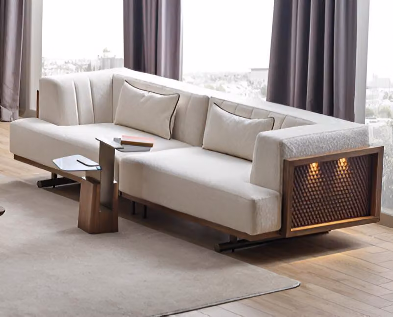 Set da salotto composto da divano a 3 posti e tavolino in stile Japandi moderno