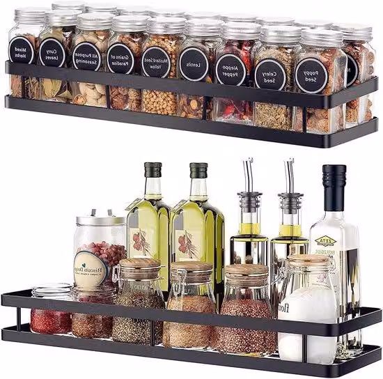 Scaffale da cucina per erbe aromatiche con gancio da 40 cm, sistema di scaffali a muro in 2 pezzi, metallo, nero, per cucina e bagno.