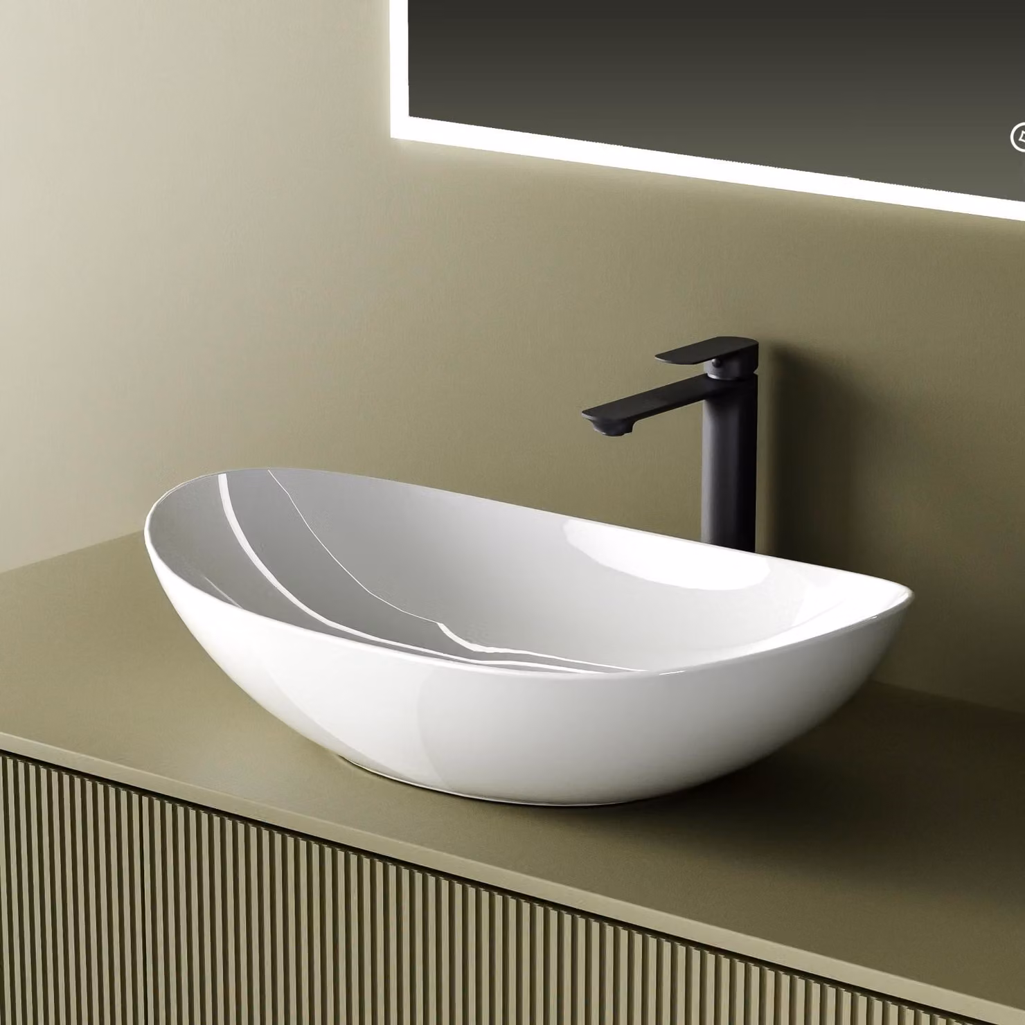 Lavabo ovale EMKE, dimensioni 61,9 x 36 x 15,7 cm, bianco lucido